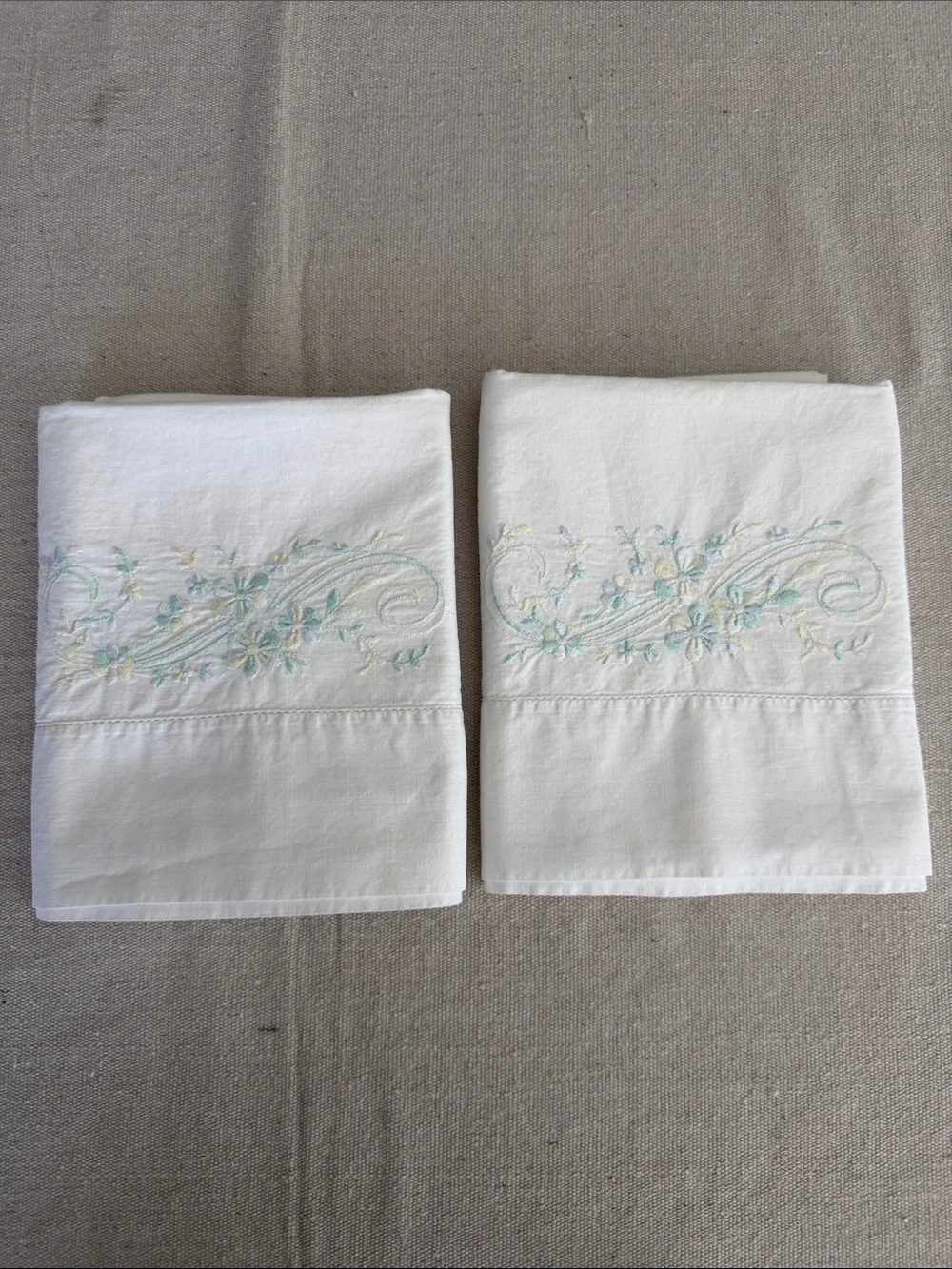 Vintage White Linen Pillowcase Set with Floral Embroidery